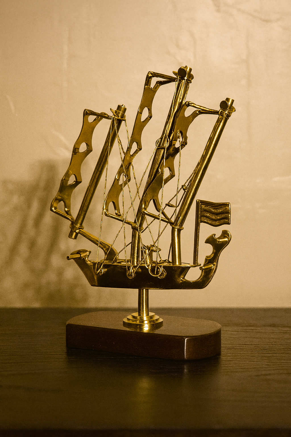 Vintage Brass Ship Showpiece with Wooden Base – Nautical Home & Office Decor
