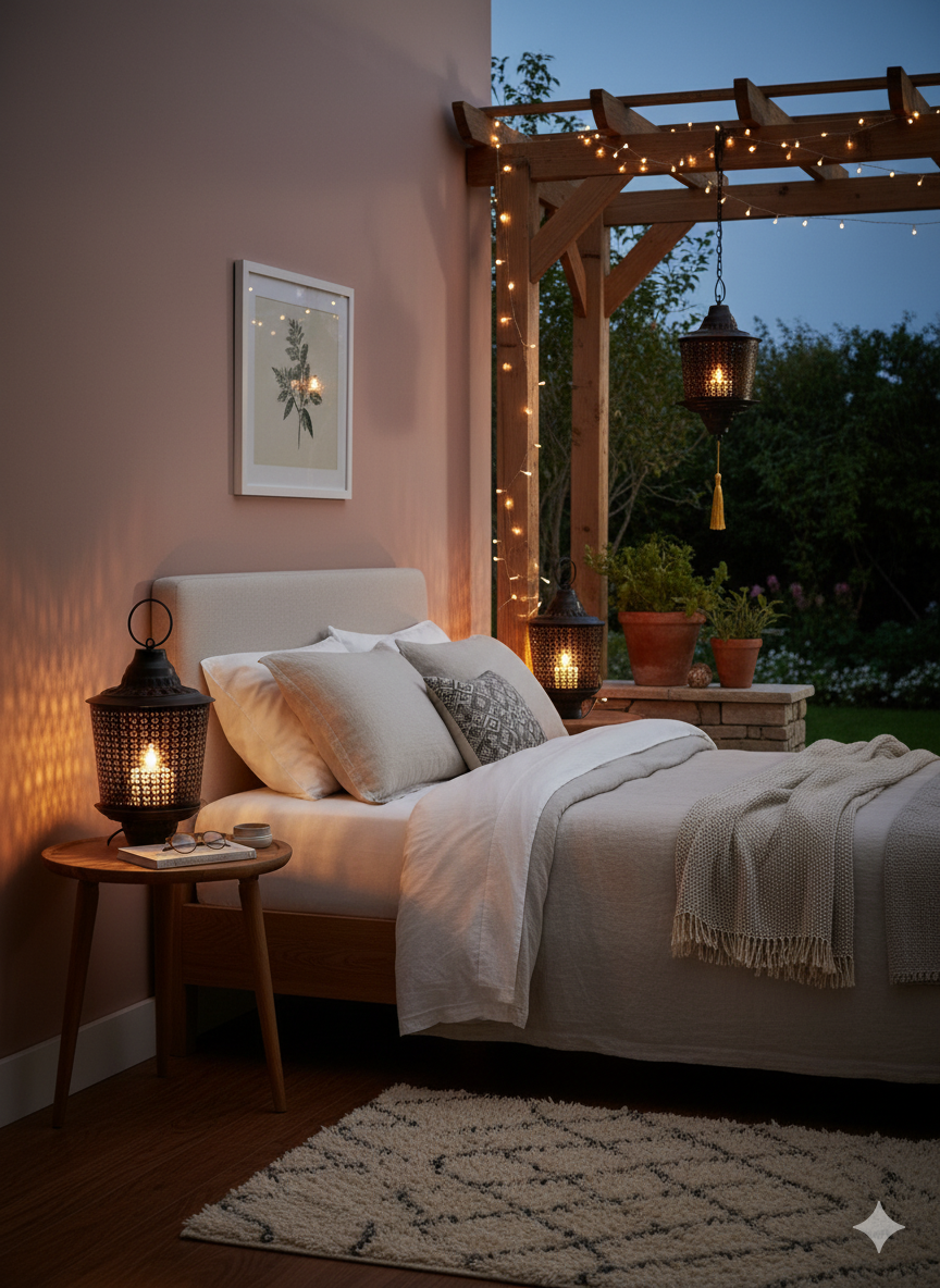 Moroccan-Style Hanging Lantern – Black Metal Lamp with Golden Tassel for Indoor & Outdoor Decor