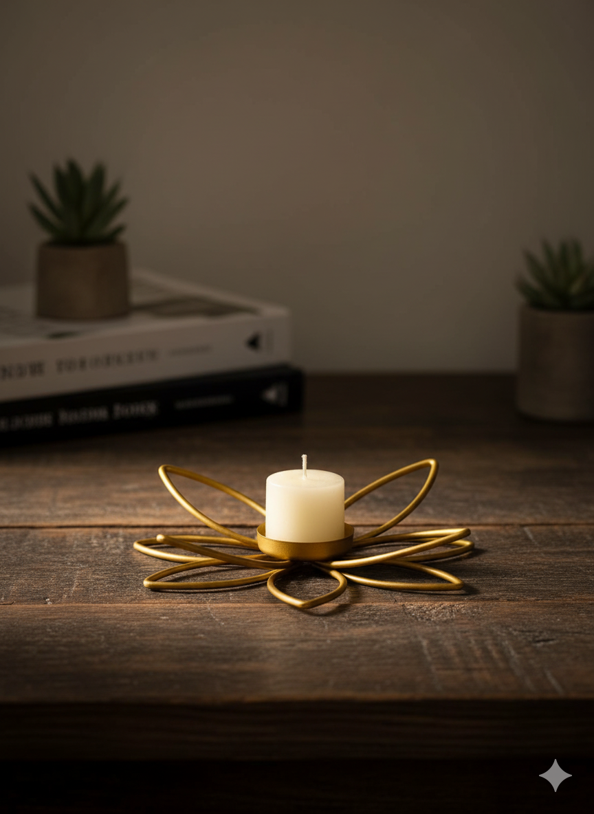 Gold Lotus Tealight Holder — Floral Metal Table Candle Stand / Centerpiece