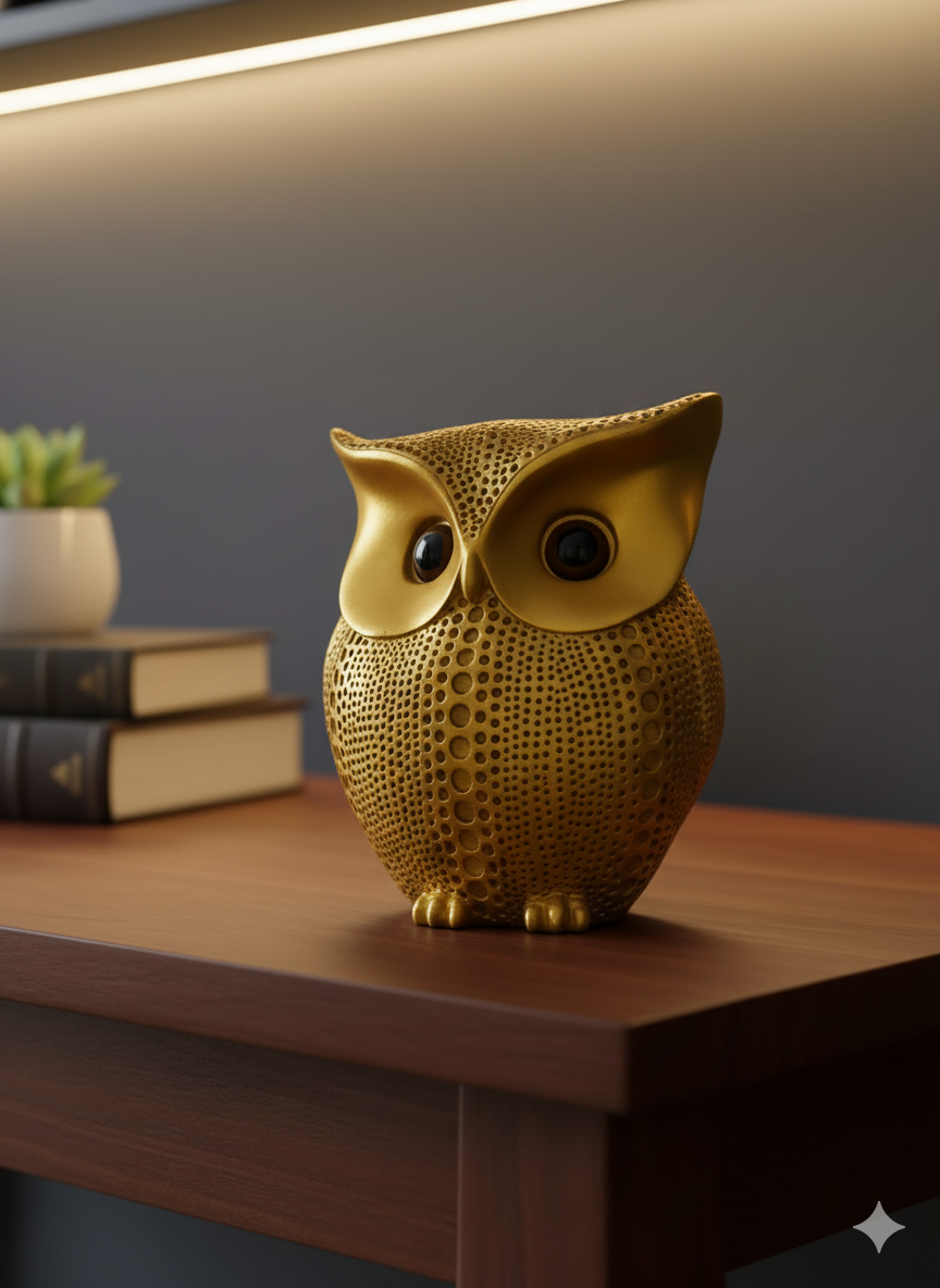 Modern Classy Lucky Owl Resin Showpiece — Golden Tabletop Decor