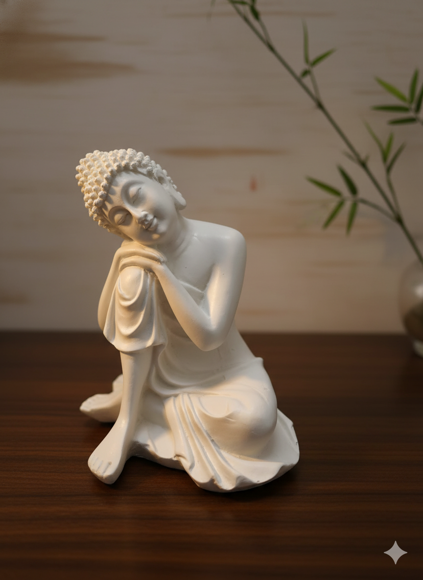 Resting Buddha Idol – Peaceful White Resin Statue for Home & Office Decor