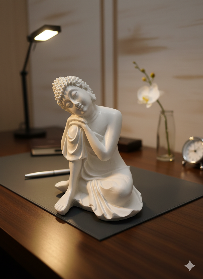 Resting Buddha Idol – Peaceful White Resin Statue for Home & Office Decor