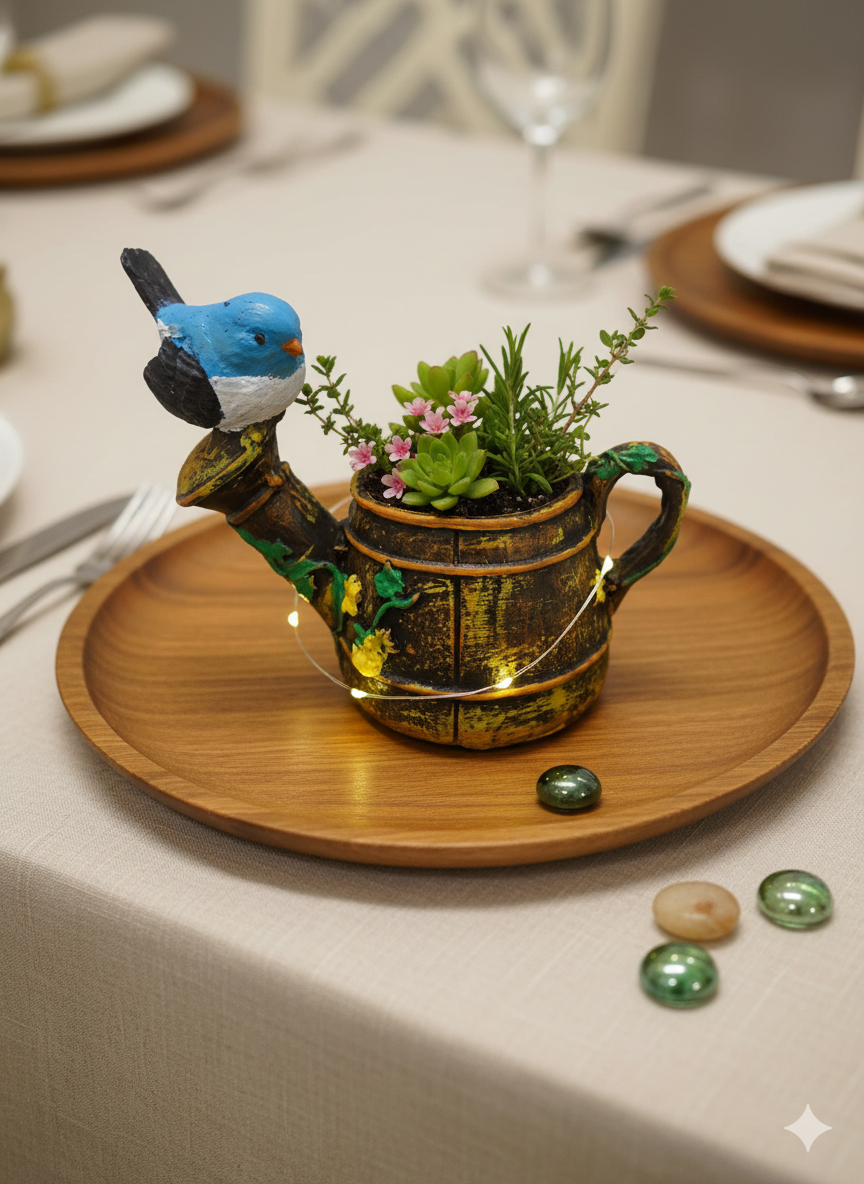 Blue Bird on Watering Can Mini Planter – Rustic Nature Home & Garden Decor