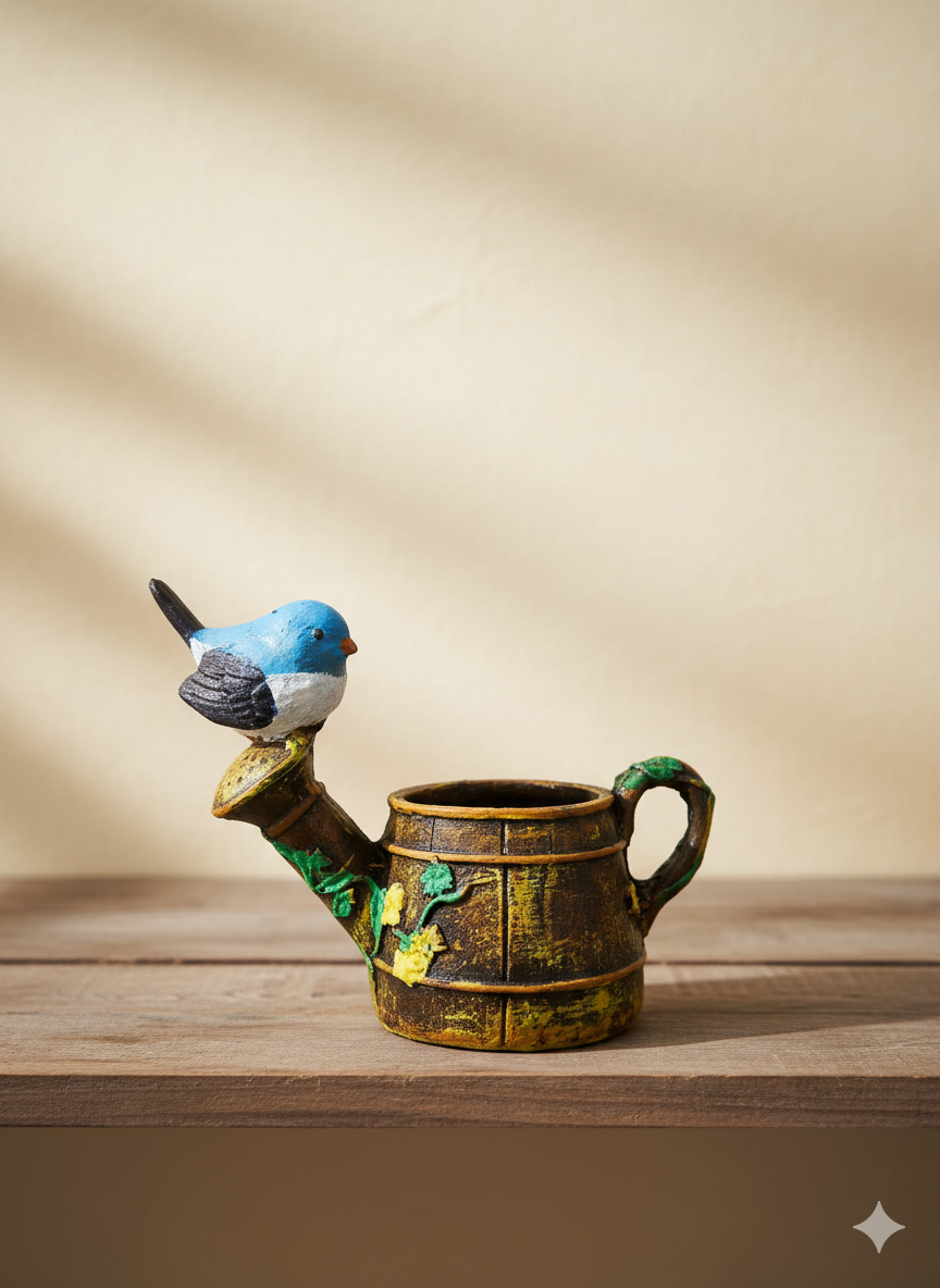 Blue Bird on Watering Can Mini Planter – Rustic Nature Home & Garden Decor