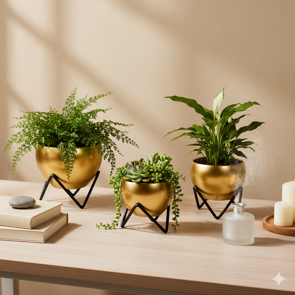 Modern Gold Metal Planter Bowl Set (Set of 3) with Black Geometric Stands – Luxury Home Decor