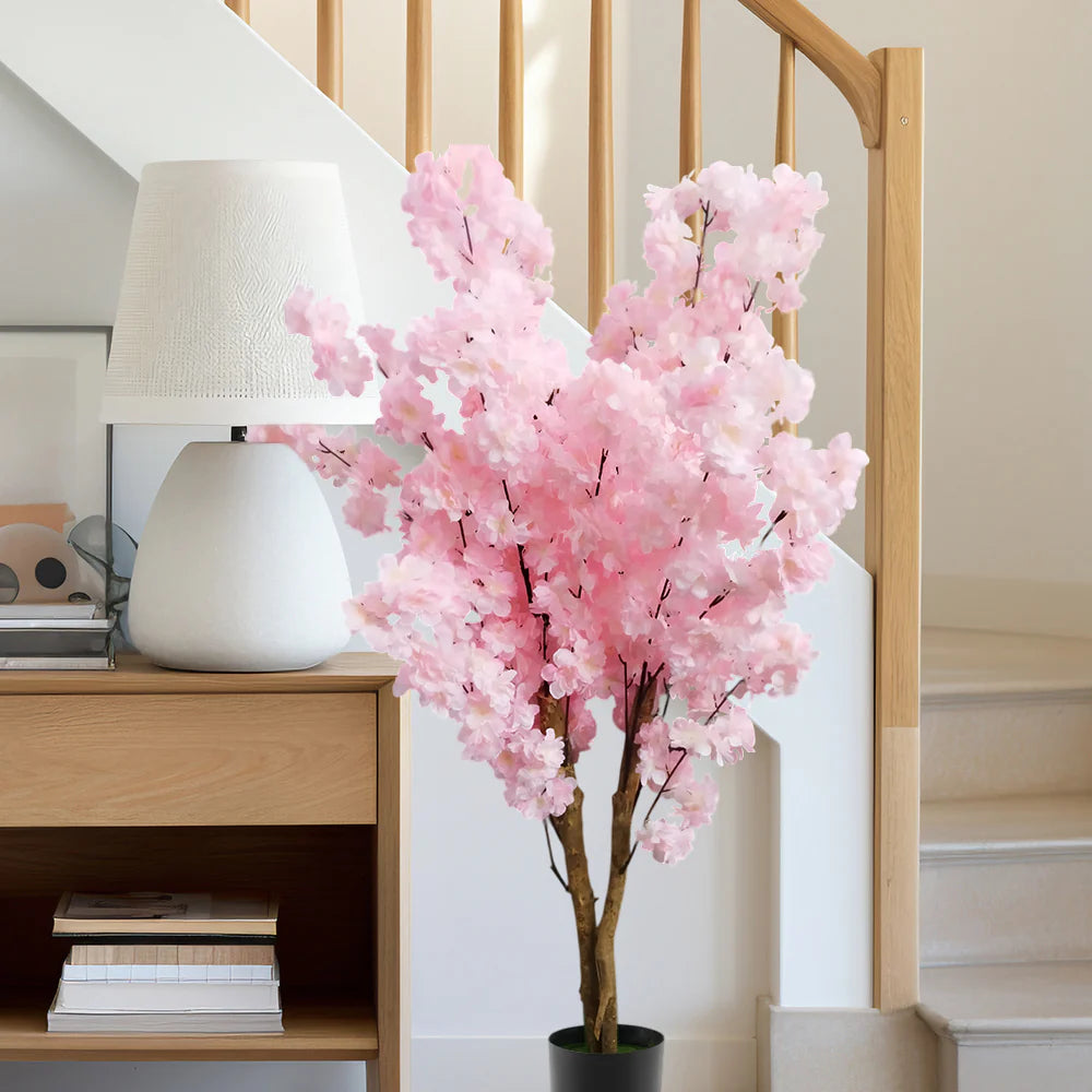 4 FT Artificial Cherry Blossom Tree | Handmade with Natural Silk Real-Touch Leaves | Tall Light Pink Decorative Plant for Home and Office (18 x 15 x 133 cm)
