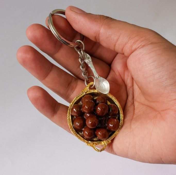 Gulab Jamun on Golden thali miniature Keyring