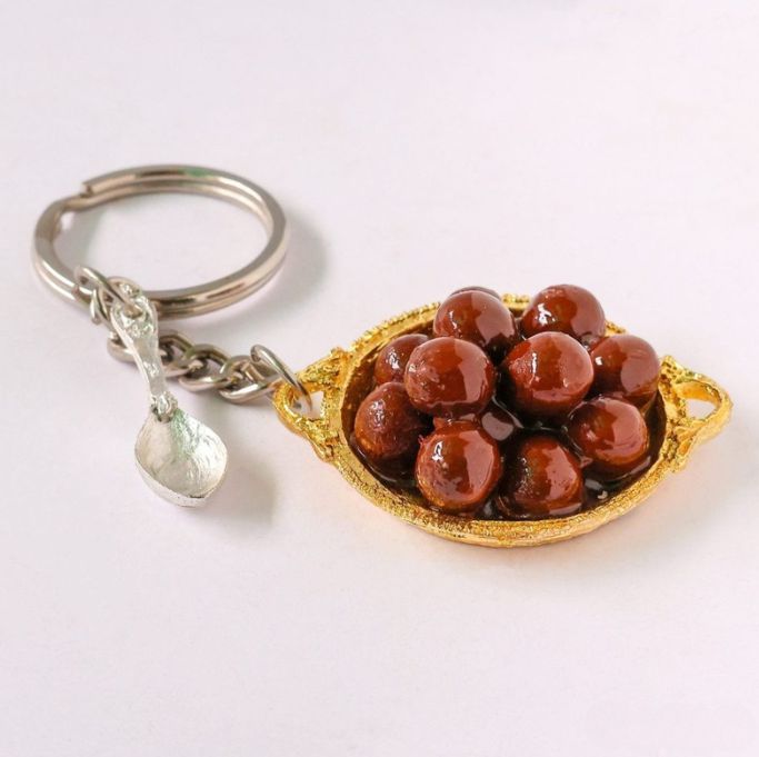 Gulab Jamun on Golden thali miniature Keyring