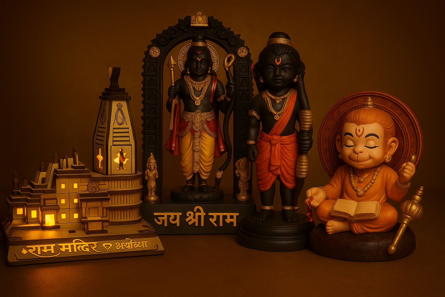Ultimate Ram Darbar (Ram Lalla, Ram Murti, Ram Mandir with Light & Hanuman Ji Divine Combo Set of 4)