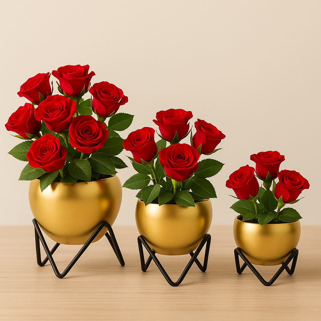 Modern Gold Metal Planter Bowl Set (Set of 3) with Black Geometric Stands – Luxury Home Decor