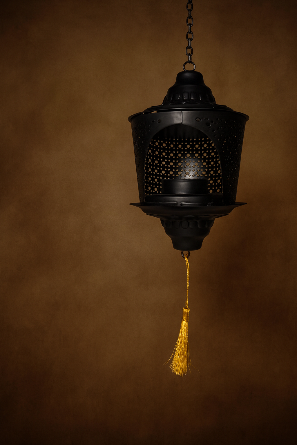 Moroccan-Style Hanging Lantern – Black Metal Lamp with Golden Tassel for Indoor & Outdoor Decor
