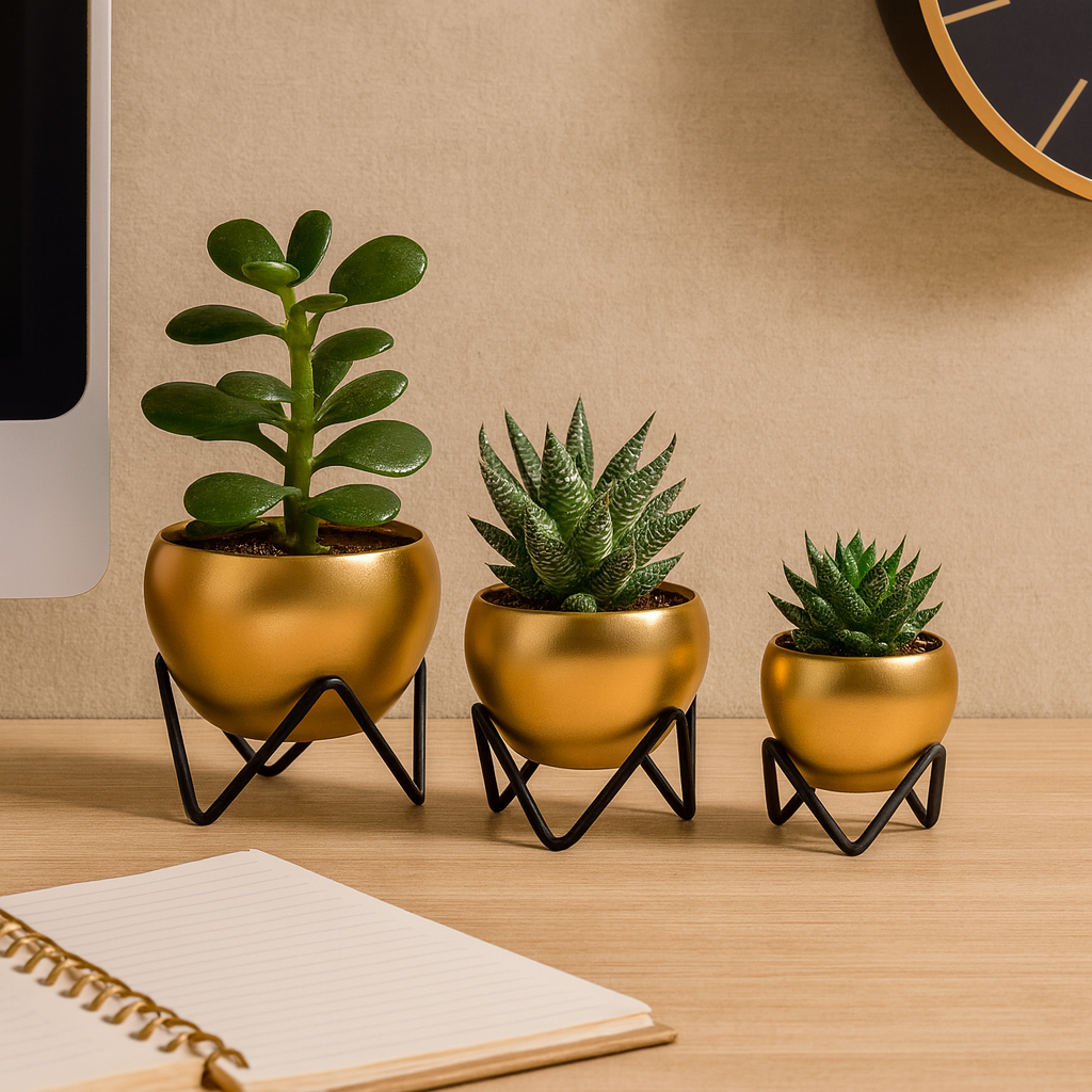 Modern Gold Metal Planter Bowl Set (Set of 3) with Black Geometric Stands – Luxury Home Decor