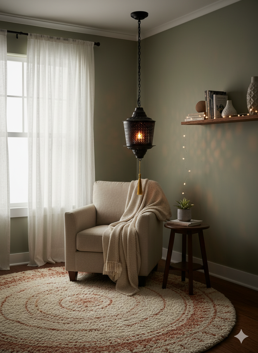 Moroccan-Style Hanging Lantern – Black Metal Lamp with Golden Tassel for Indoor & Outdoor Decor