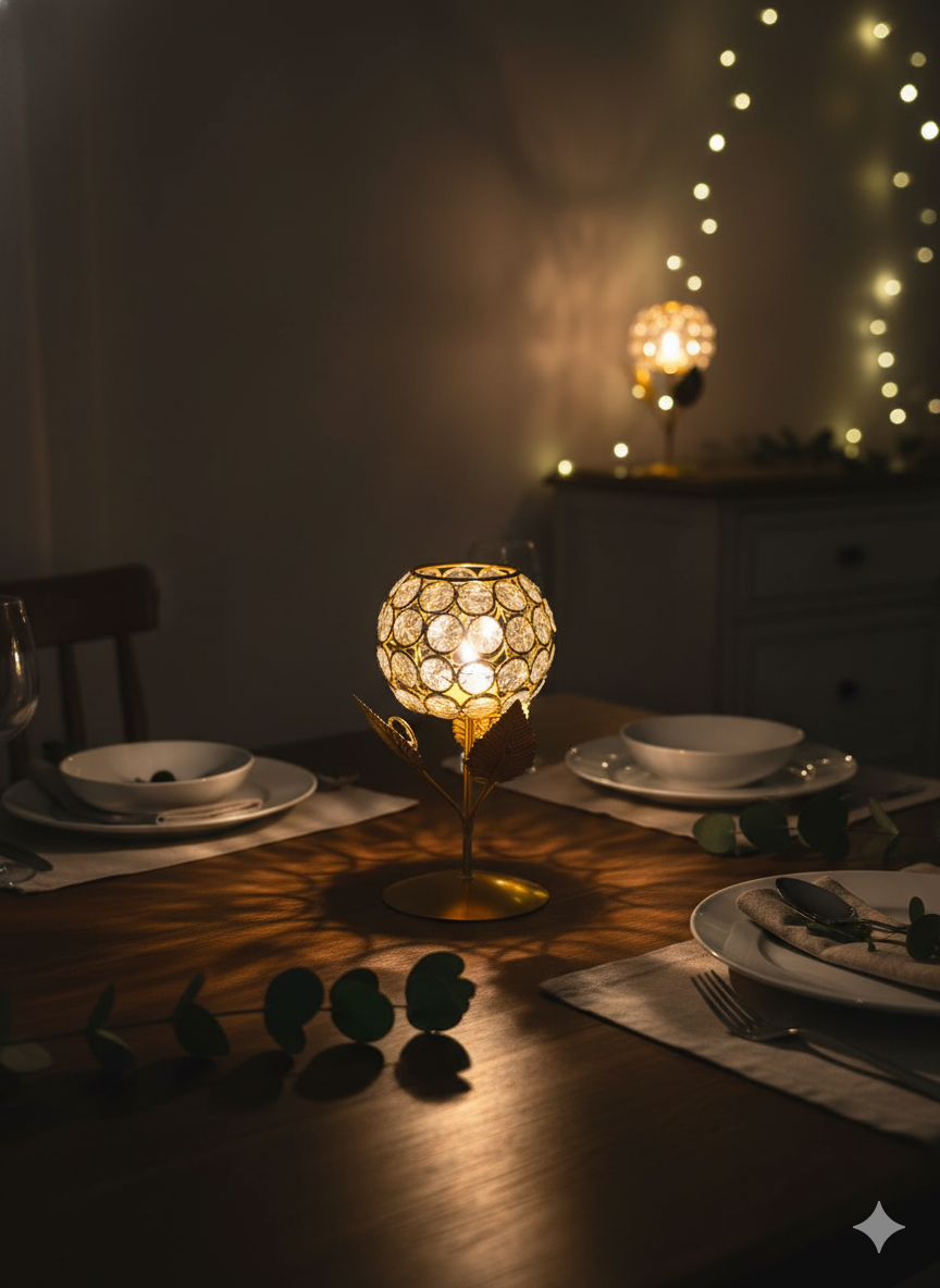 Crystal Globe Tealight Holder — Gold Floral Table Candle Stand / Decorative Showpiece