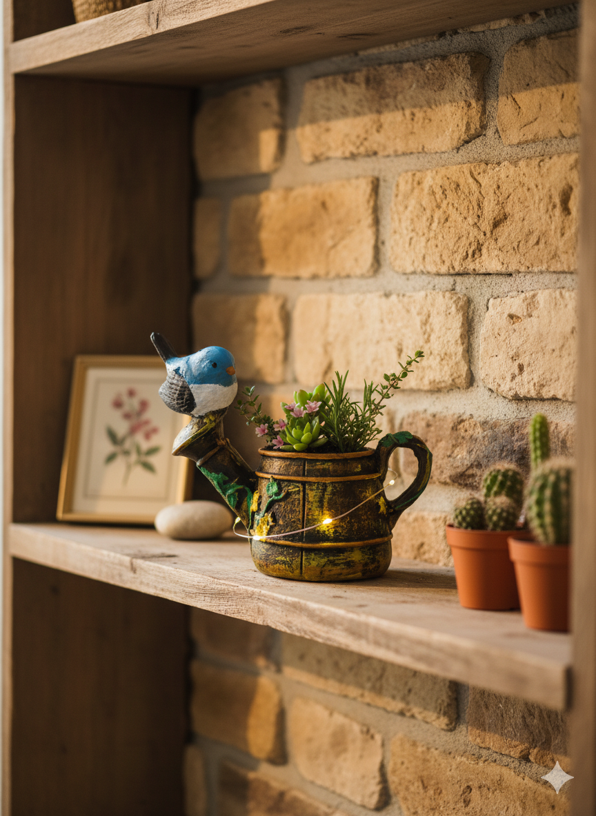 Blue Bird on Watering Can Mini Planter – Rustic Nature Home & Garden Decor