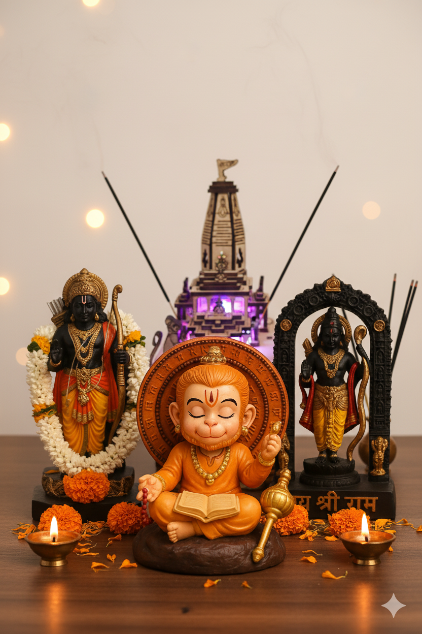 Ultimate Ram Darbar (Ram Lalla, Ram Murti, Ram Mandir with Light & Hanuman Ji Divine Combo Set of 4)