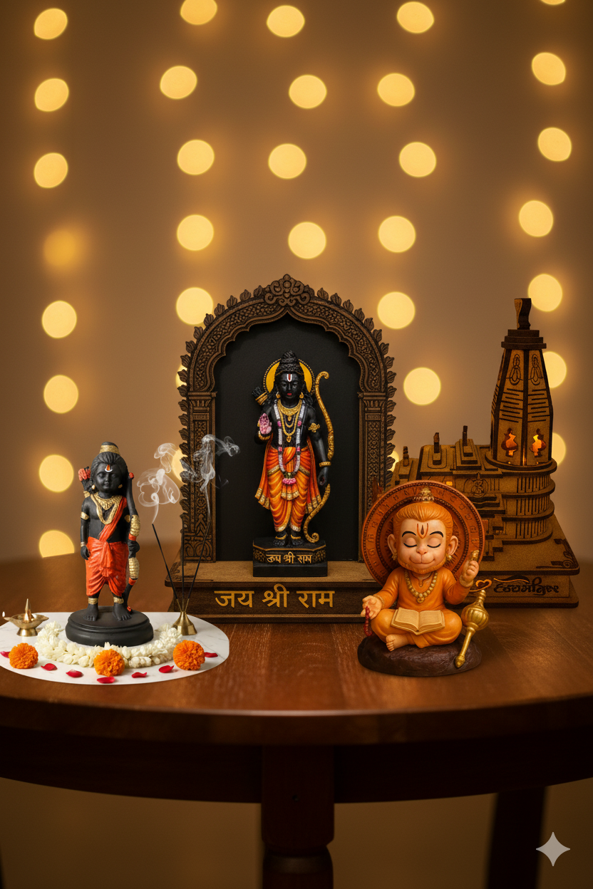 Ultimate Ram Darbar (Ram Lalla, Ram Murti, Ram Mandir with Light & Hanuman Ji Divine Combo Set of 4)