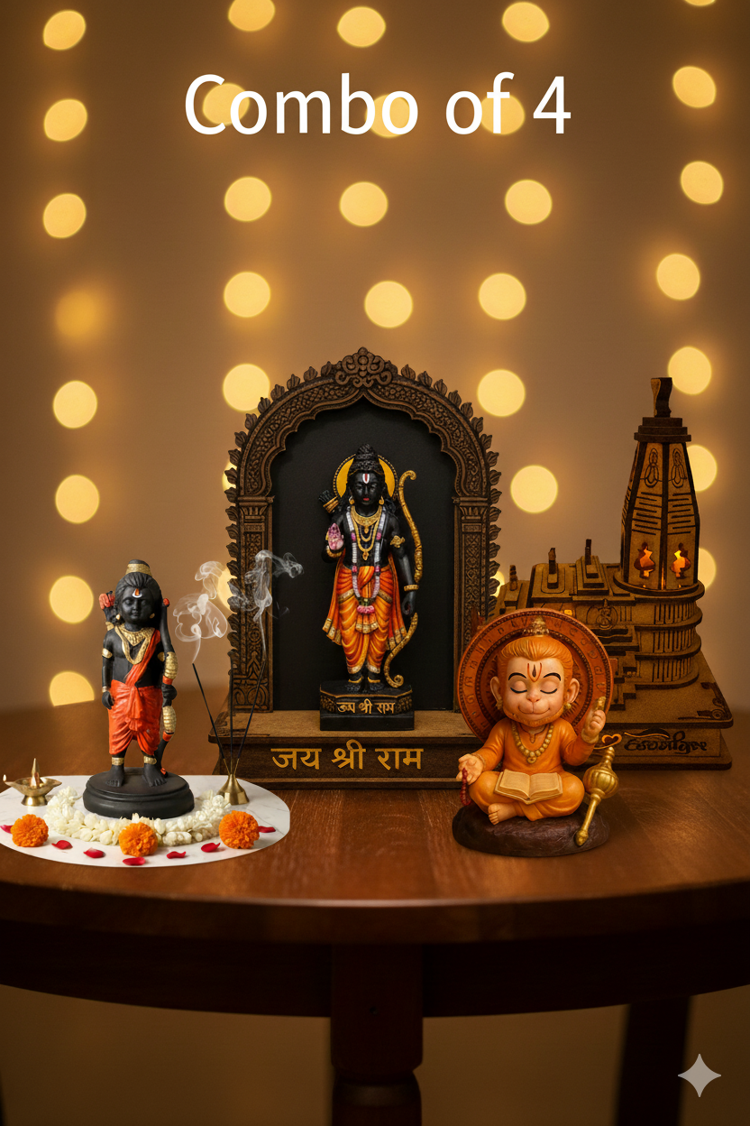 Ultimate Ram Darbar (Ram Lalla, Ram Murti, Ram Mandir with Light & Hanuman Ji Divine Combo Set of 4)