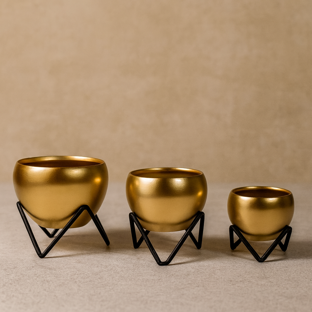 Modern Gold Metal Planter Bowl Set (Set of 3) with Black Geometric Stands – Luxury Home Decor