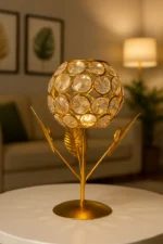 Crystal Globe Tealight Holder — Gold Floral Table Candle Stand / Decorative Showpiece