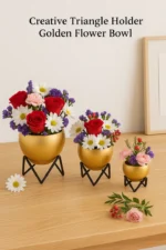 Modern Gold Metal Planter Bowl Set (Set of 3) with Black Geometric Stands – Luxury Home Decor