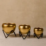 Modern Gold Metal Planter Bowl Set (Set of 3) with Black Geometric Stands – Luxury Home Decor - Image 3