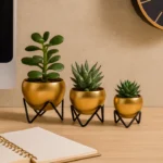 Modern Gold Metal Planter Bowl Set (Set of 3) with Black Geometric Stands – Luxury Home Decor - Image 2