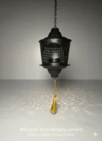 Moroccan-Style Hanging Lantern – Black Metal Lamp with Golden Tassel for Indoor & Outdoor Decor