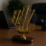 Vintage Brass Ship Showpiece with Wooden Base – Nautical Home & Office Decor - Image 3
